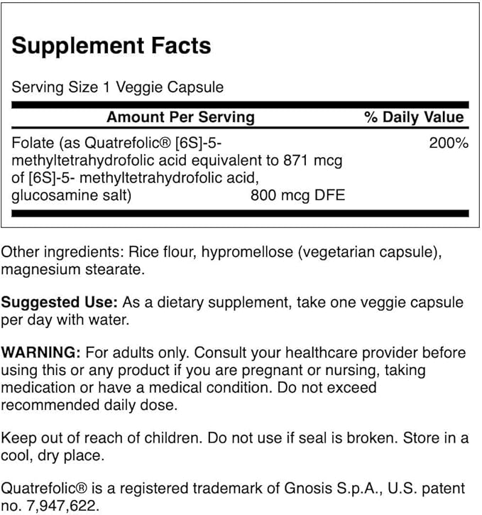 Swanson Folate (5-Methyltetrahydrofolic Acid) 800 mcg 30 Veg Capsules