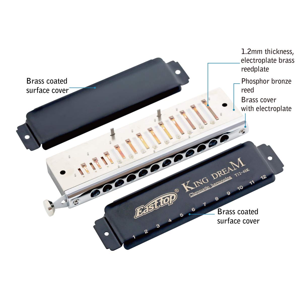 East Top King Dream Chromatic Harmonica Key Of C,12 Holes 48 Tones Professional Mouth Organ Harmonica For Adults, Professionals