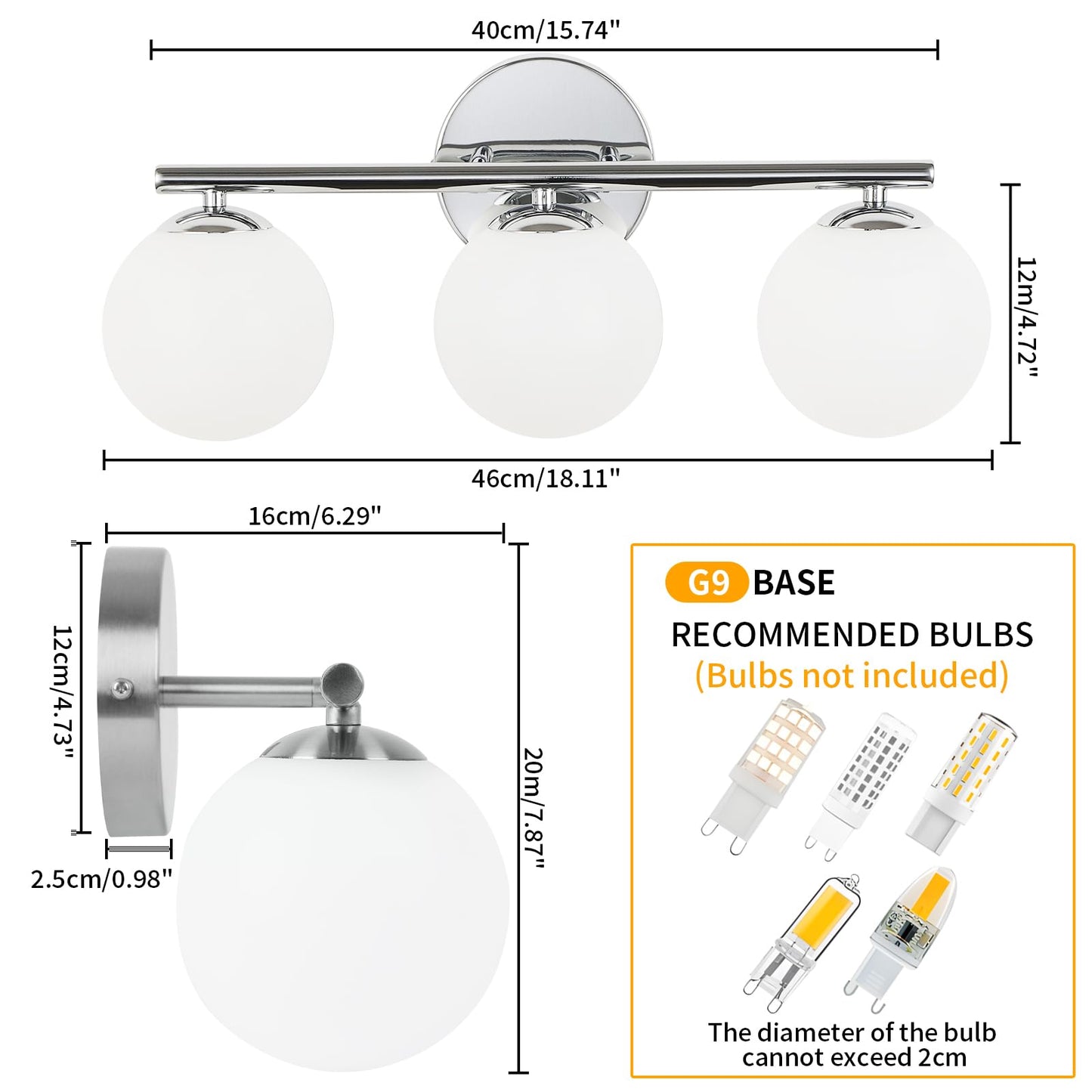 Foucasal Globe Bathroom Light Fixtures Chrome Vanity Light With Plastic Milk White Globe Shades 11.81 Inch Wall Sconce Lighting Over Mirror  3-Light Vanity Lights For Bathroom Hallway Living Room