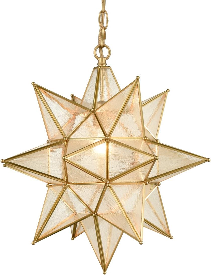 DIRYZON Moravian Star Pendant Light 20-Inch Large Hanging Ceiling Light Modern Gold Finish with Seeded Glass Adjustable Chain