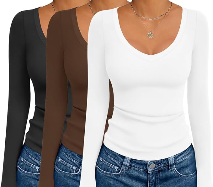 Ekouaer 3 Pack Long Sleeve Shirts for Women Deep V Neck Basic Thermal Tops Base Layer Undershirts XS-XXL