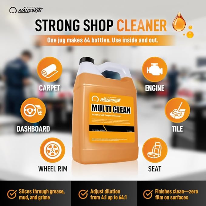 Nanoskin MULTI CLEAN All Purpose Concentrated Cleaner 1 Gallon – Removes Dirt, Grease & Stains on Counters, Carpet, Floors, Fabric, Equipment & Vehicles | Use with Sprayers, Scrubbers, Washers & More