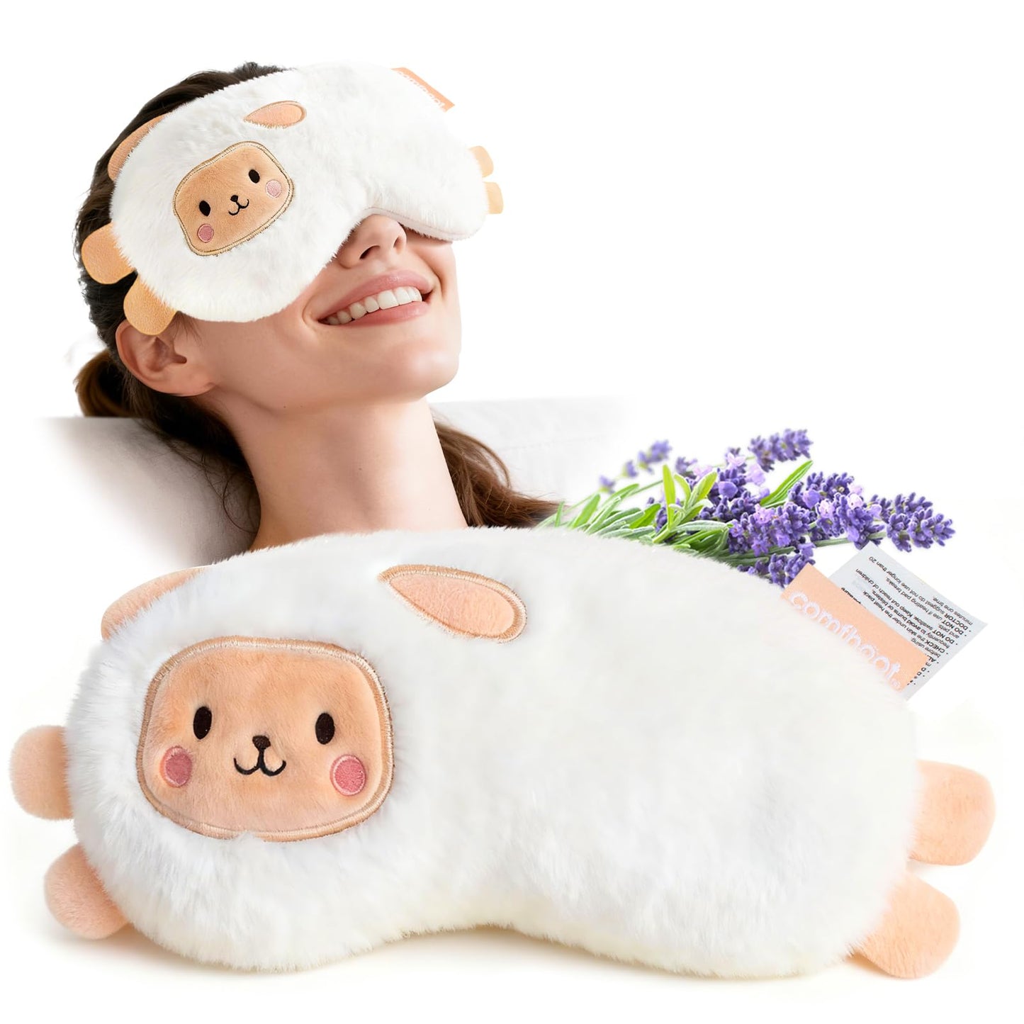 Comfheat Lavender Weighted Eye Pillow - Soft Plush Removable Cover, Moist Heat & Cold Therapy, Natural Aromatherapy Eye Compress Pillow for Relaxation, Yoga, Meditation, and Sleep, Cute Sheep