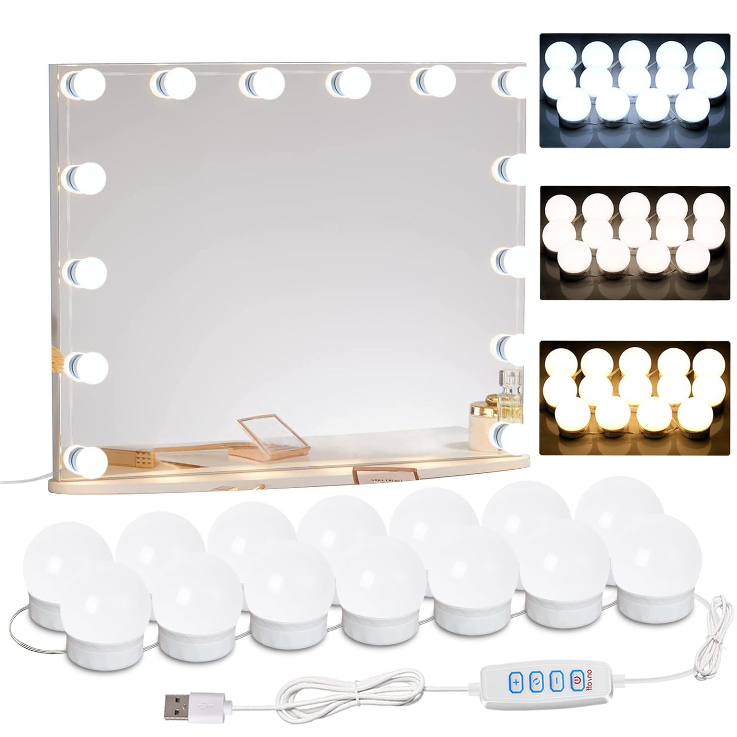 HELOIE LED Vanity Mirror Lights, 22.6ft with 14 Dimmable Bulbs, White, Model UML-14