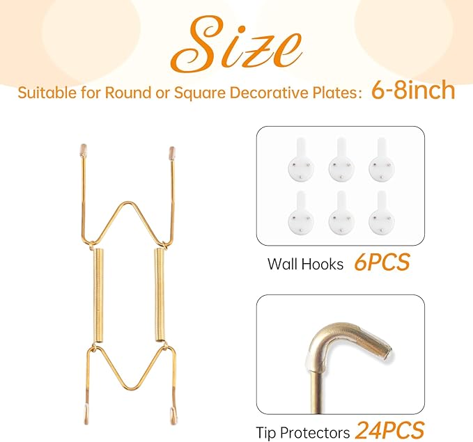 6 Pack Plate Hangers for The Wall, Suitable for 6-8 inch Art Plate, Stainless Steel Invisible Heavy Duty Wire Plate Holder with Wall Hooks, Plate Hangers for Displaying Plates, Platter, Dish, Gold