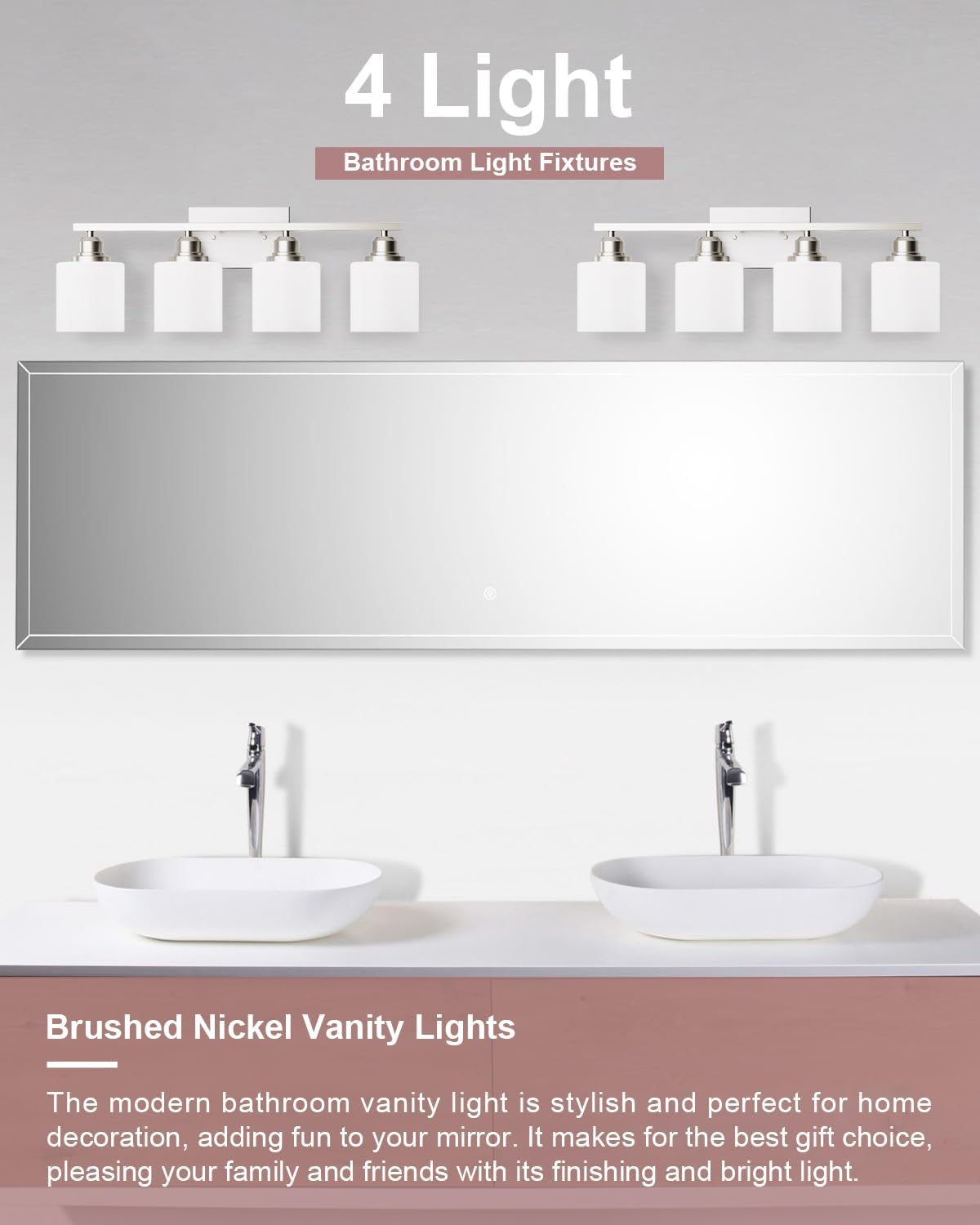 Sailstar 4-Light Bathroom Light Fixtures, Brushed Nickel, Glass Shade, Model CP-JQD-F-002