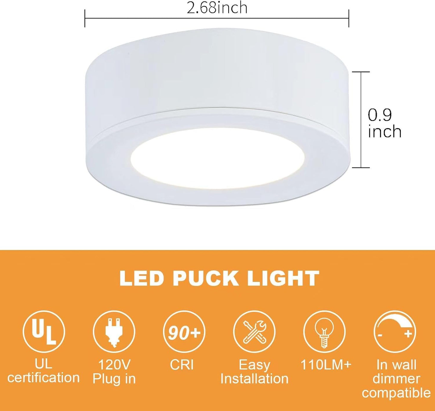 Lumiland Wired Led Puck Lights (2.7Wx3) Plug-In Lighting Natural White (4000K)  Led Cabinet Light For Kitchen Can Be Surface Mount Or Recess Mount  White