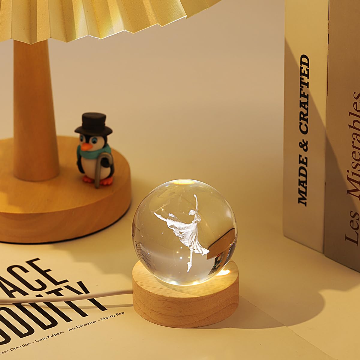Hochance 3D Dancer Crystal Ball Lamp With Adjustable Brightness Led Wooden Base Night Light For Kids Teens mature-themeds Birthday Gift Home Desk Office Bedroom Decor (6Cm / 2.4 )