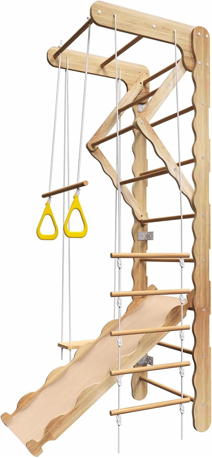 Mulinsonfly 5-in-1 Wooden Indoor Jungle Gym for Kids, Wall-Mounted Swedish Ladder with Pull-Up Bar, Rings, Swing, and Slid...