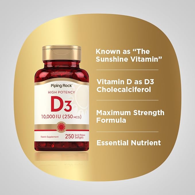 Piping Rock Vitamin D3 10000 IU | 250 Softgels | High Potency | Non-GMO, Gluten Free Supplement