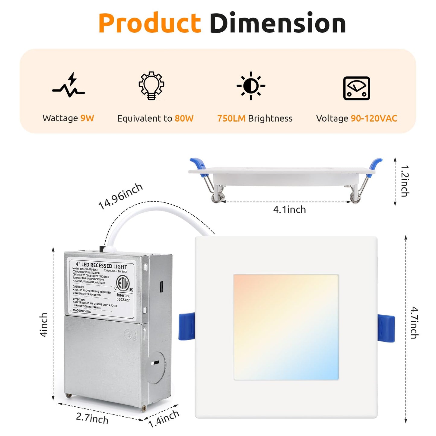 Honzin Square Led Recessed Lighting 4 Inch  5Cct Ultra Thin Led Recessed Ceiling Lights 1 Pack  Selectable 2700K/3000K/3500K/4000K/5000K  9W  Ic Rated  Dimmable Square White Trim With Junction Box