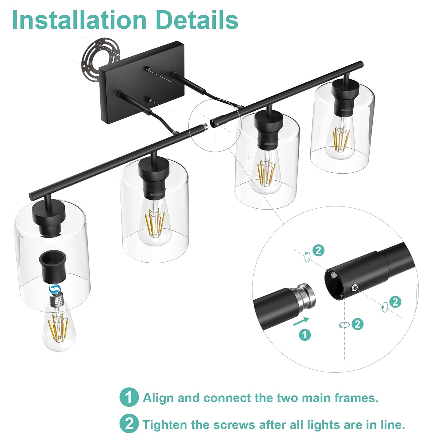 Aipsun Black Bathroom Vanity Light Fixture - 4 Lights, Clear Glass Shades, 31 Inch, Model 2083-4T