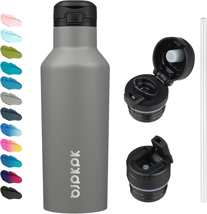 BJPKPK Insulated Water Bottle With Straw 17oz Stainless Steel Water Bottles With 2 Lids And Carry Handle Reusable Travel Metal Thermal Flask,Grey