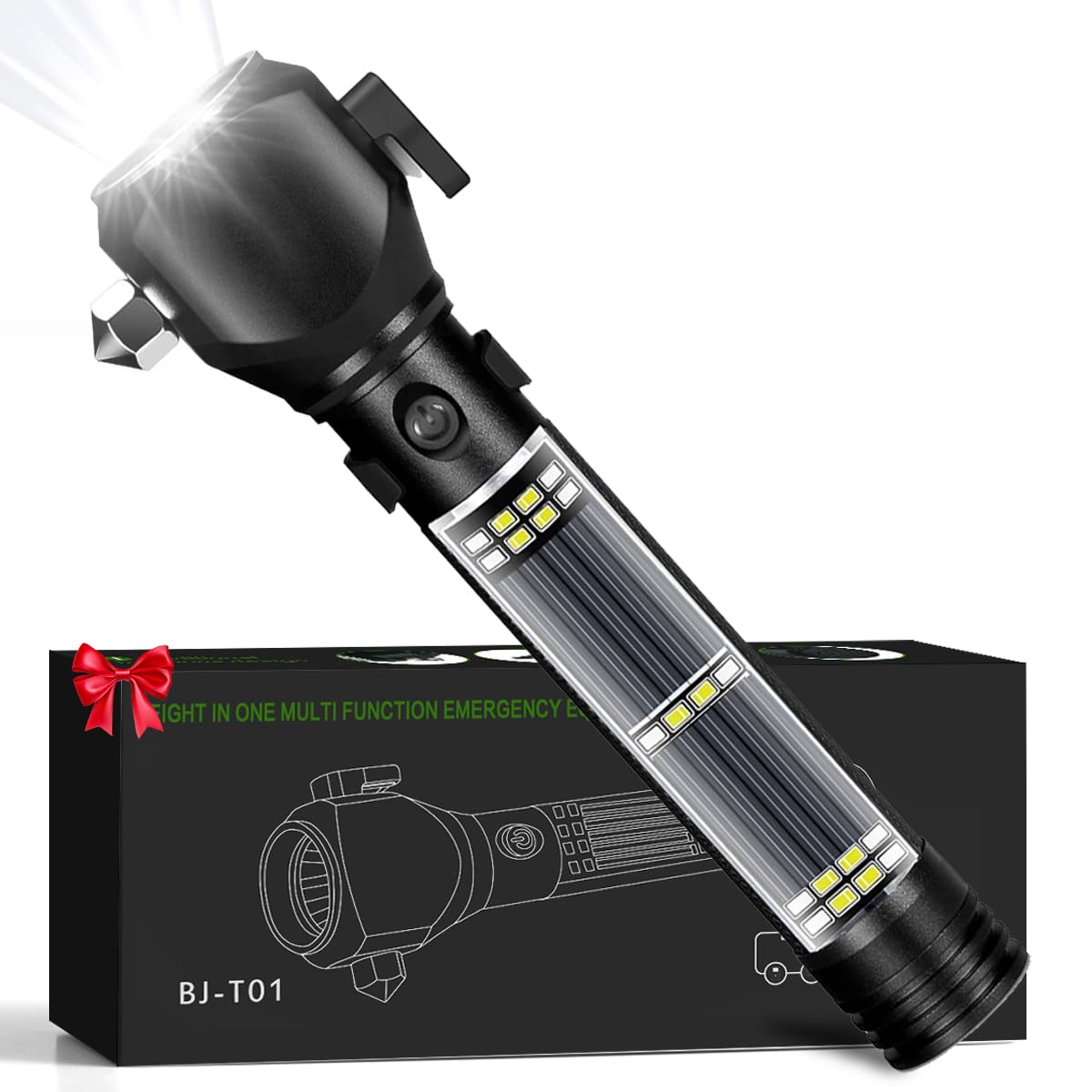 Serjur Rechargeable Solar Powered Flashlight, Multi-Function LED, Glass Breaker, Seatbelt Cutter, Black, 1 Pack, Model bfcz-01