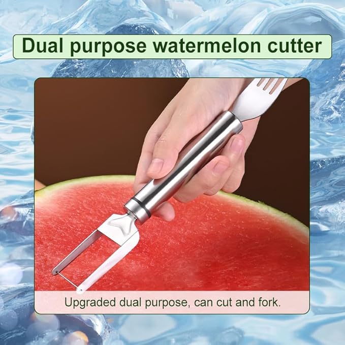 Upgraded 2-in-1 Stainless Steel Fruit Cutter, 2024 New Watermelon Fork Slicer Cutter Slicer Tool, Dual Head Fruit Forks Slicer Knife with Round Handle (3 PCS)