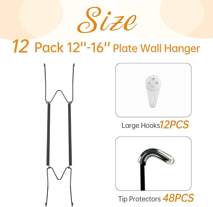 Bilillo 12 Pack Plate Hangers for The Wall, Suitable for 12''-16'' Decorative Plate,Invisible Heavy Duty Wire Plate Holder with Wall Hooks, Plate Hangers for Displaying Plates, Platter, Dish (Black)