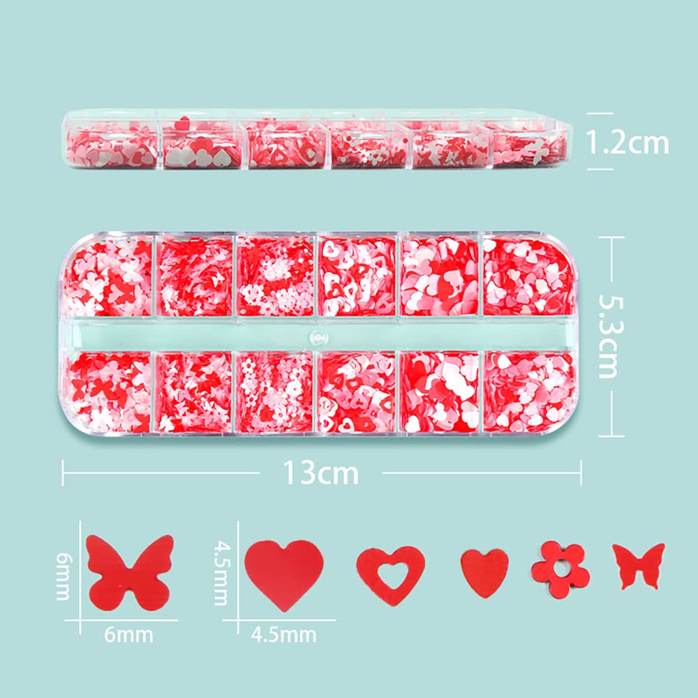 Valentines Nail Glitters, Holographic Heart Nail Glitter Sequins Red White Heart Butterfly Flowers Mixed Design Valentines Day N