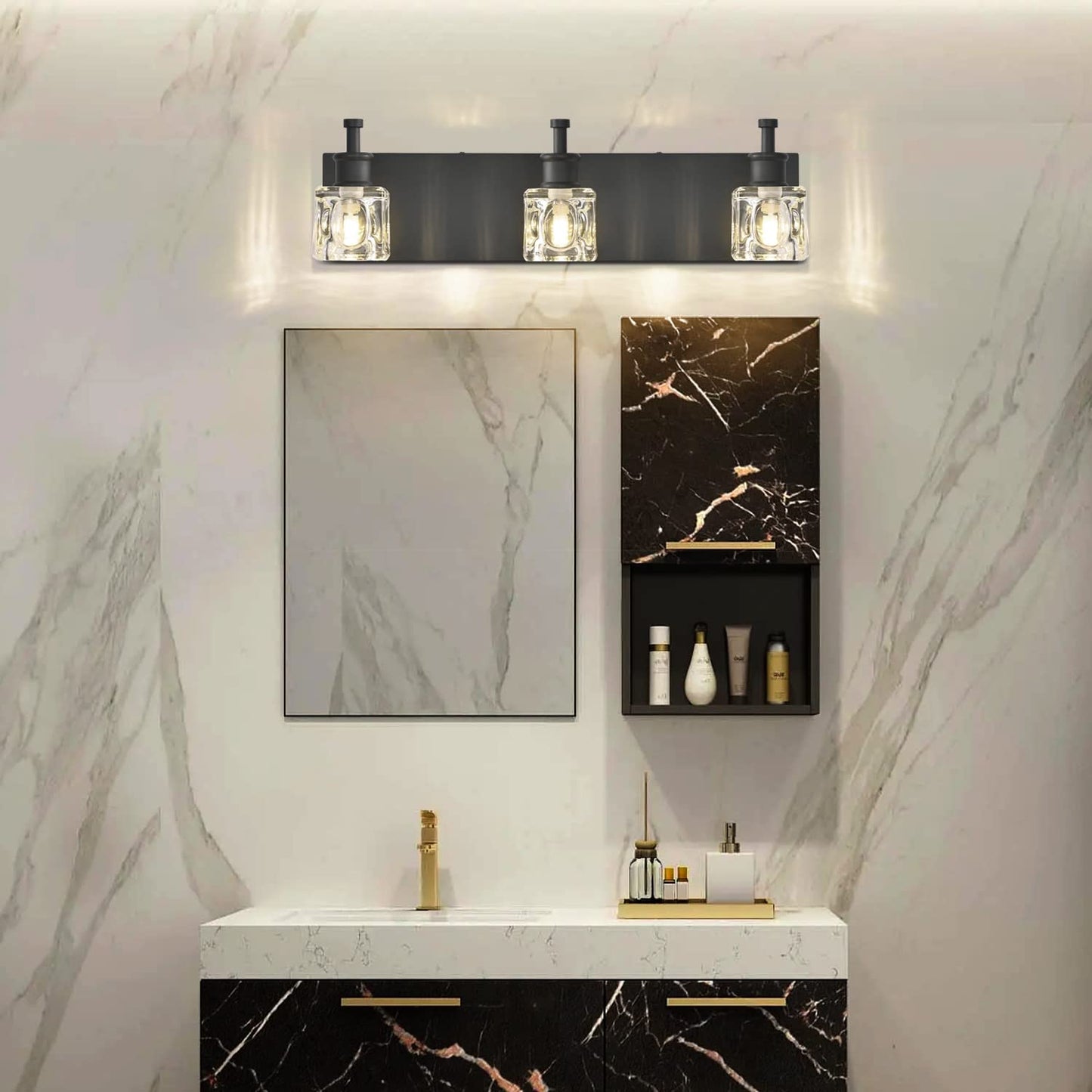 PRESDE Black Crystal Bathroom Light Fixtures, 3-Light Vanity Lighting, Metal Matt Black, Model HU-XI-201