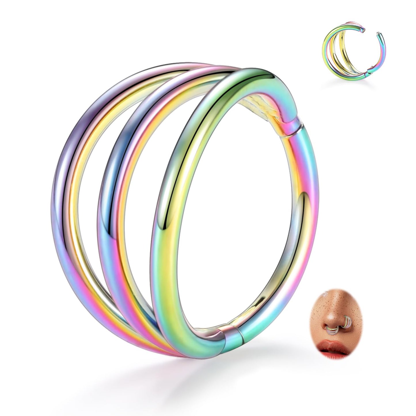 FUNLMO Triple Hoop Nose Ring - 18G Septum, Tragus, Helix, Conch, Rook, Daith, Cartilage Piercing Jewelry - 316L Surgical Steel -