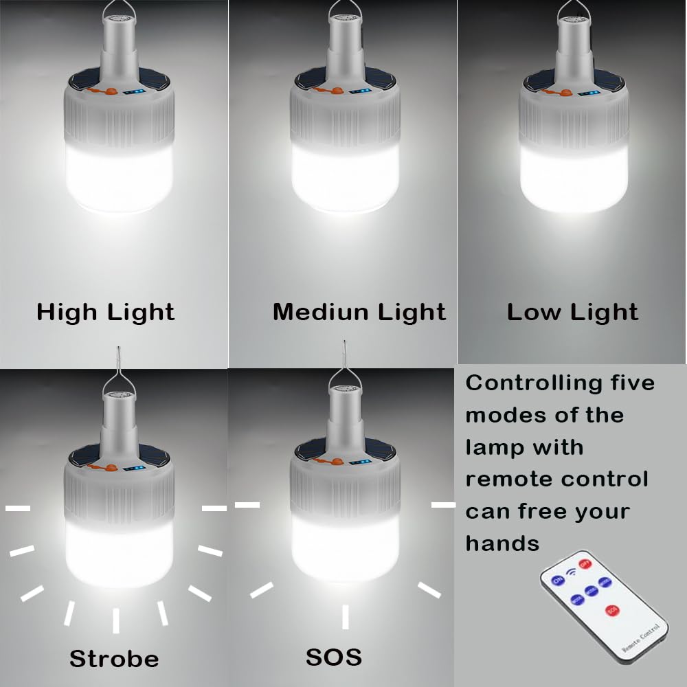 Jearytop Solar Camping Lights - Rechargeable LED Lantern, 4000mAh, 5 Modes, Waterproof, Remote Control, 2 Pack, Bulb Style, Black