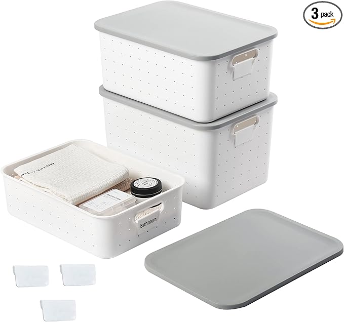 vacane 3 Pack Decorative Storage Bins with Lids, White Plastic Storage Basket for Organizing Stackable Storage Box with Handle on Closets,Classrooms,Offices