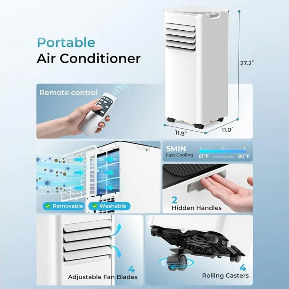 Electactic Portable Air Conditioner 10000 Btu (Ashrae), 3-In-1 Mode Ac Cools Up To 450 Sq. Ft., Led Display & Remote Control, 24