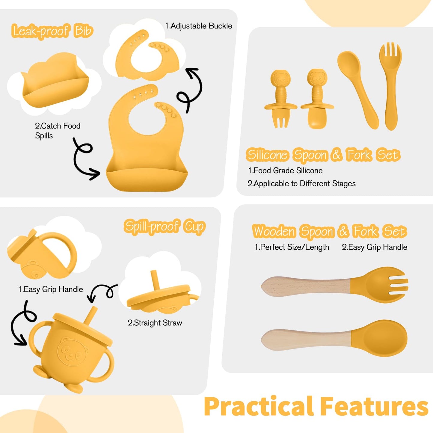 Baby Led Weaning Supplies, 17 Piece BPA-Free Silicone Feeding Set, Eating Essentials Baby Utensils with Suction Plate and Bowl, Pocket Bib, Sippy Cup with Lid, for 6+ Months, Yellow