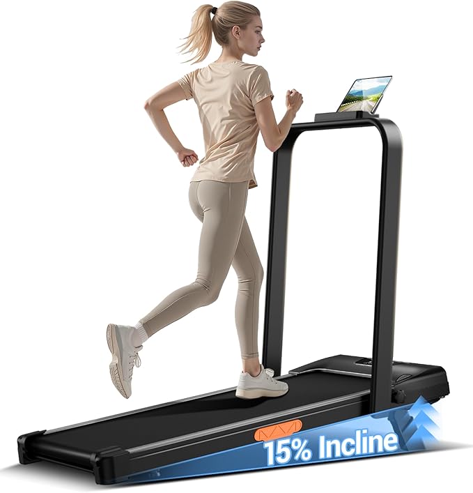CURSOR FITNESS 15% Incline Walking Pad Treadmill with Handle Bar - 0.6-6.2MPH Quiet Foldable Treadmill for Home Office Und...