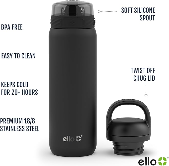 Ello Cooper 22oz Stainless Steel Water Bottle with 2 Lids Chug and Straw | Leak Proof Double Walled and Vacuum Insulated | Fits Car Cupholder | Built in Carry Loop | Dishwasher Safe | Bubblegum Pink