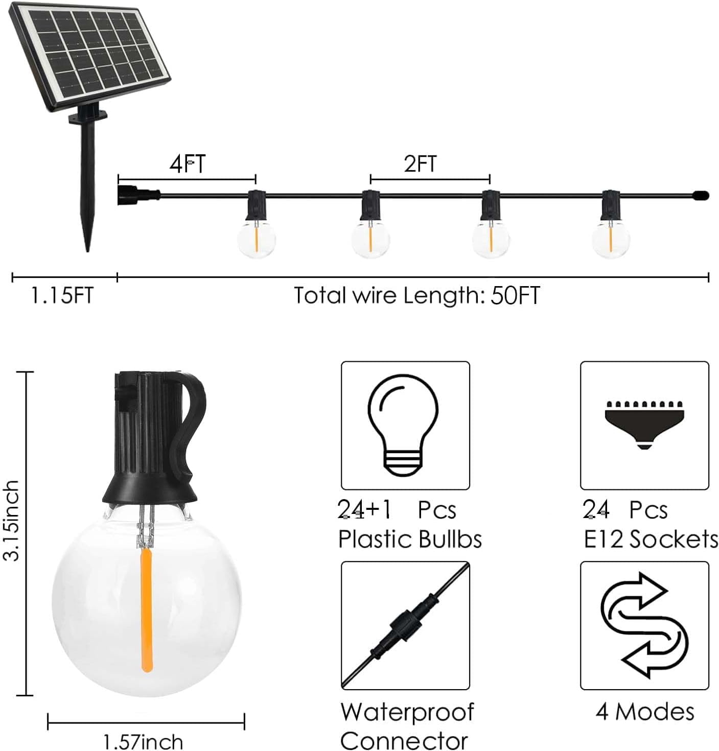 Sunthin Solar String Lights, 50Ft Black G40 Led Bulbs, Waterproof For Patio, Garden, Deck, Model St256
