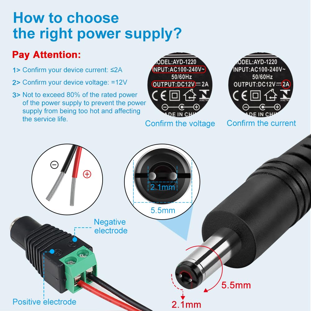 12V Power Supply, 12 Volt 3A 36W DC Power Supply with On Off Switch, Black Switching LED Power Adapter, AC 110V to 12V Transformer Plug for LED Strip Lights with 5.5/2.1 DC Female Connector, 3 Pack