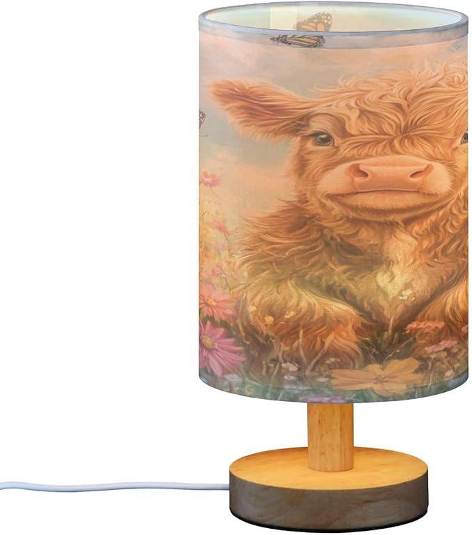 Highland Cow Flowers Table Lamp Bedroom Bedside Night Reading Desk Lamps Cylinder Nightstand Sleeping Light Lamp for Kids Living Room Office Decor