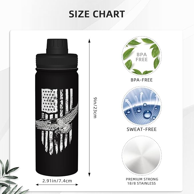 Cerburny Water Bottle Black USA Flag 18 oz Stainless Steel Insulated Bottles With Lid Wide Mouth Gym Sports Water Jug For Men Women Adult