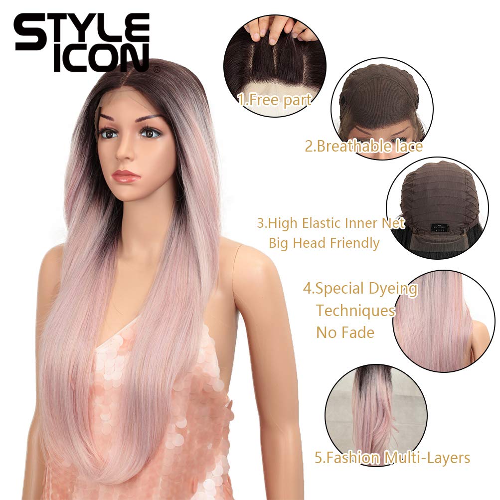 Style Icon Easy-360 Lace Wigs 28 Free Part Lace Frontal Wigs Ombre Pink Synthetic Wig(28, TT4/AMBRS)