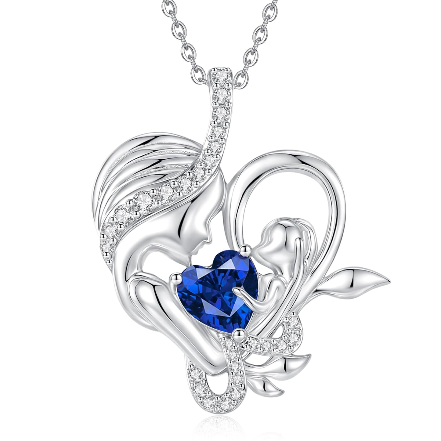 FANCIME Blue Sapphire Birthstone Mother & Child Heart Necklace - Tree of Life Pendant I Love You Mom September Jewelry Gift for