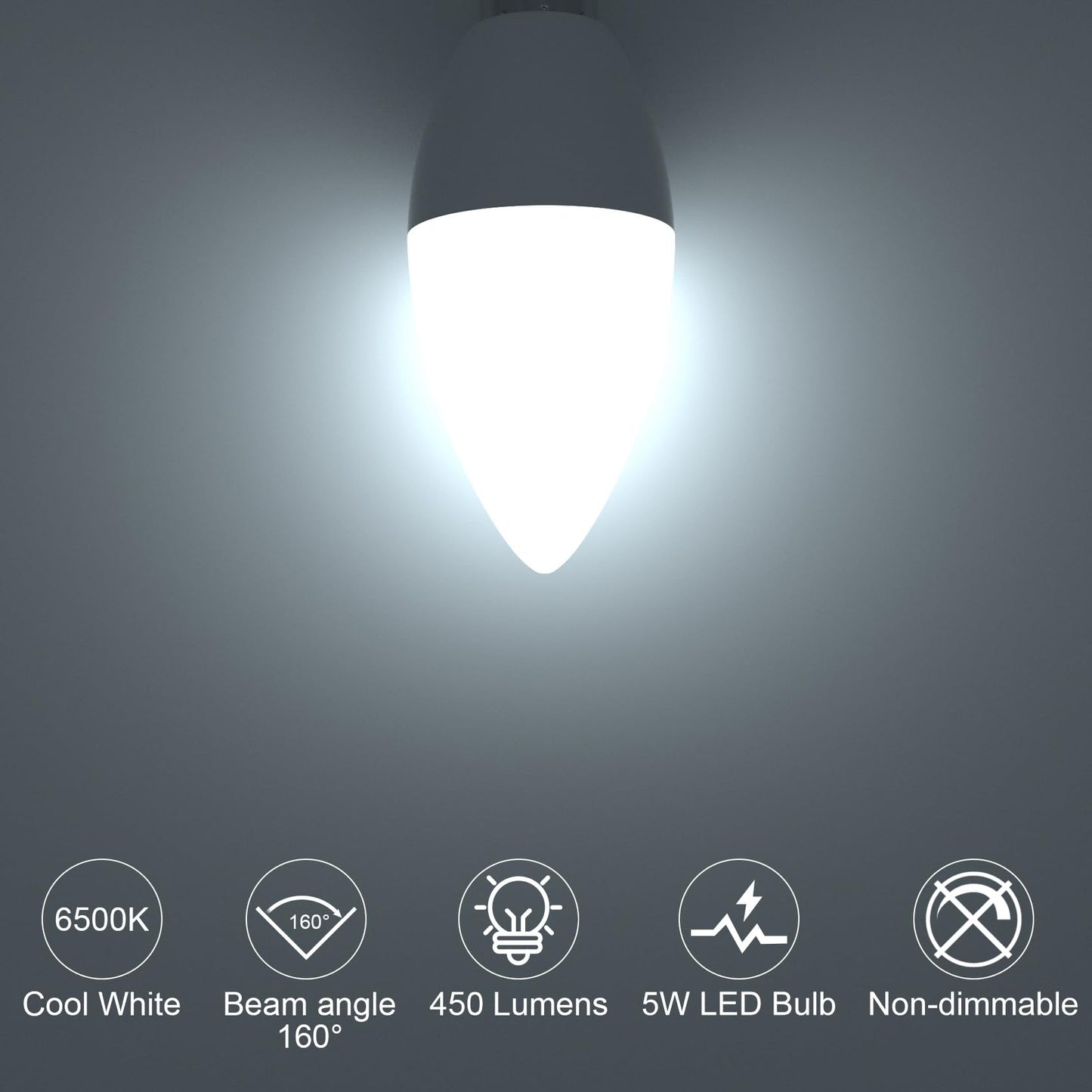 ORALUCE E12 LED Candelabra Light Bulbs, 5W 450LM, 6500K Cool White, Non-dimmable, 6 Count, Plastic