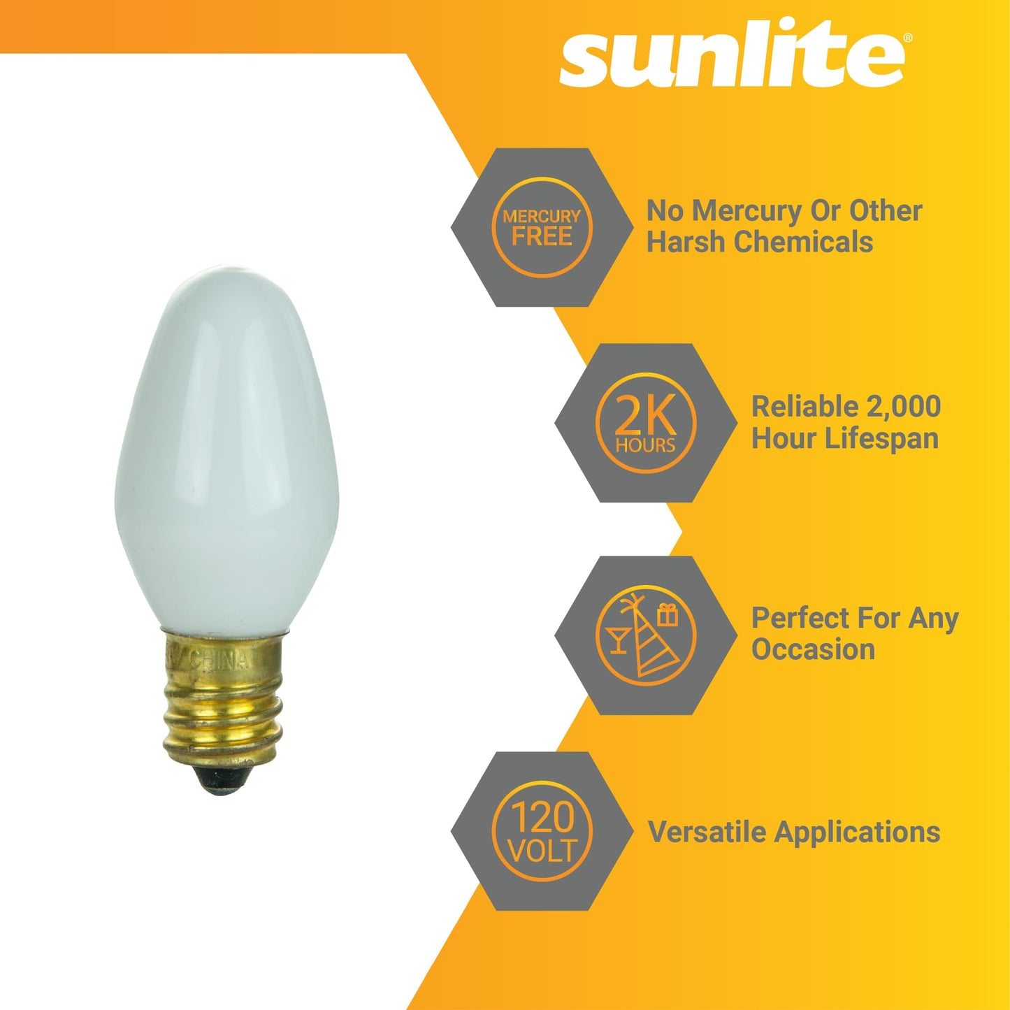 Sunlite 7 Watt C7 Incandescent Bulb, Candelabra E12 Base, White, 25 Count, Model 01285