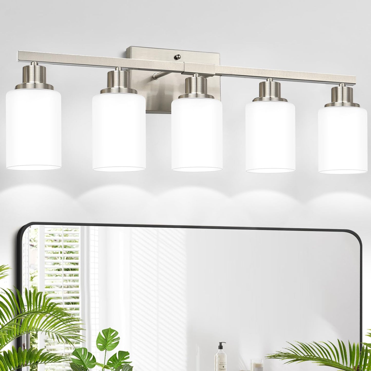 5-Light Vanity Light With Milky White Shades  Brushed Nickle Bathroom Lighting Fixtures Over Mirror  Modern Bathroom Wall Lamp For Mirror Living Room Cabinet Bedroom