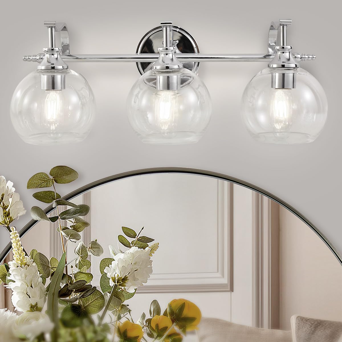ANDY STAR Chrome Vanity Light, 3-Light Polished Silver Bathroom Light Fixture Over Mirror, Modern Wall Sconce with Clear Glass S