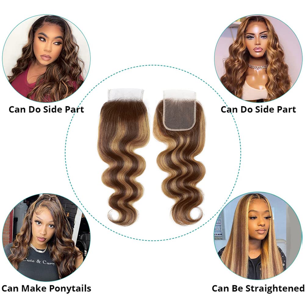Lace Closure Human Hair Pre Plucked With Baby Hair 4/27 Closure Body Wave Brown To Honey Blonde Two Tone 4X4 Free Part Bleached