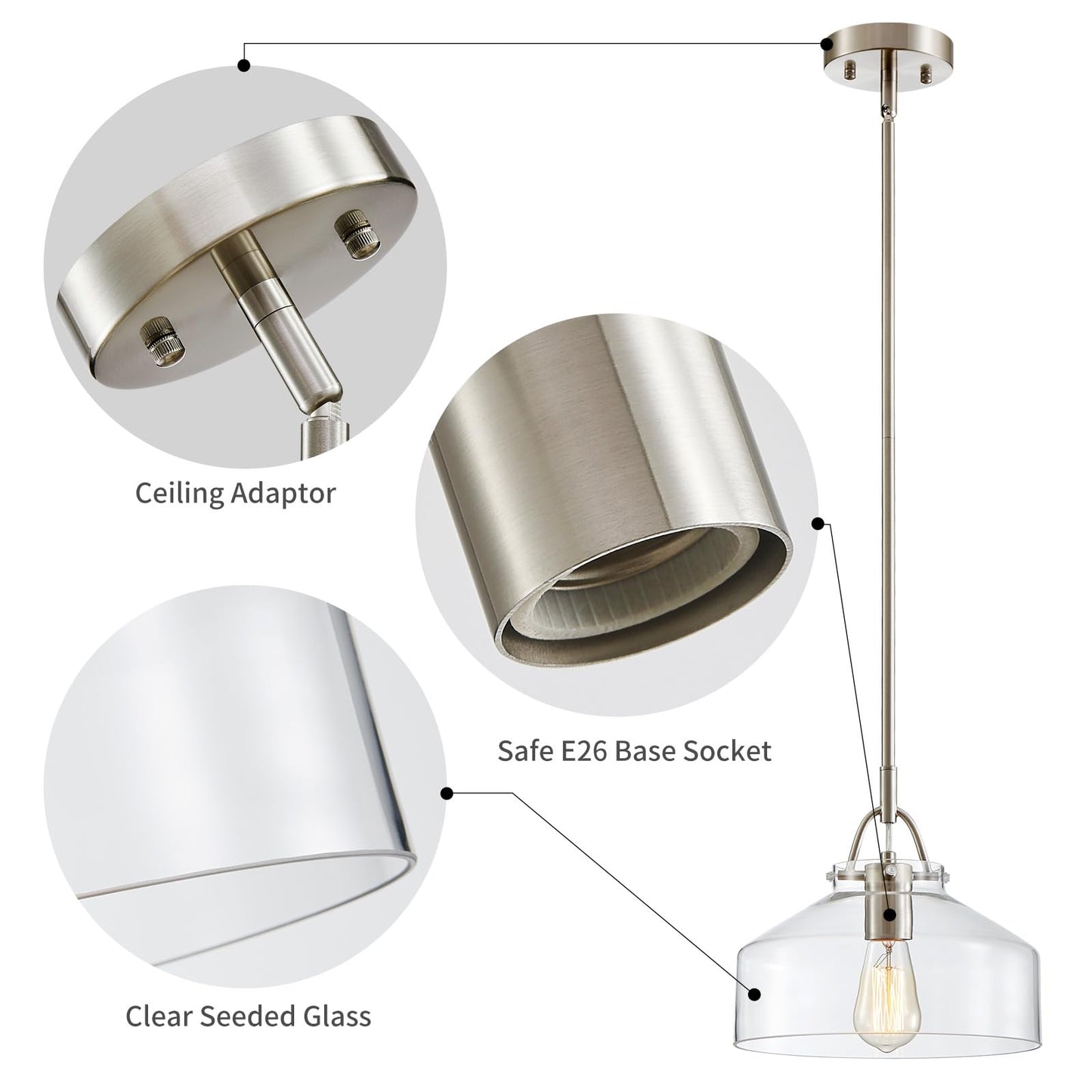 Wuzups Chandelier Rustic Farmhouse Industrial Round Ceiling Pendant Led Light Fixture With Clear Glass Shades For Dining Room Kitchen Island Foyer Entryway  H 9.4 X W 10.6  E26 Base  Brushed Nickel