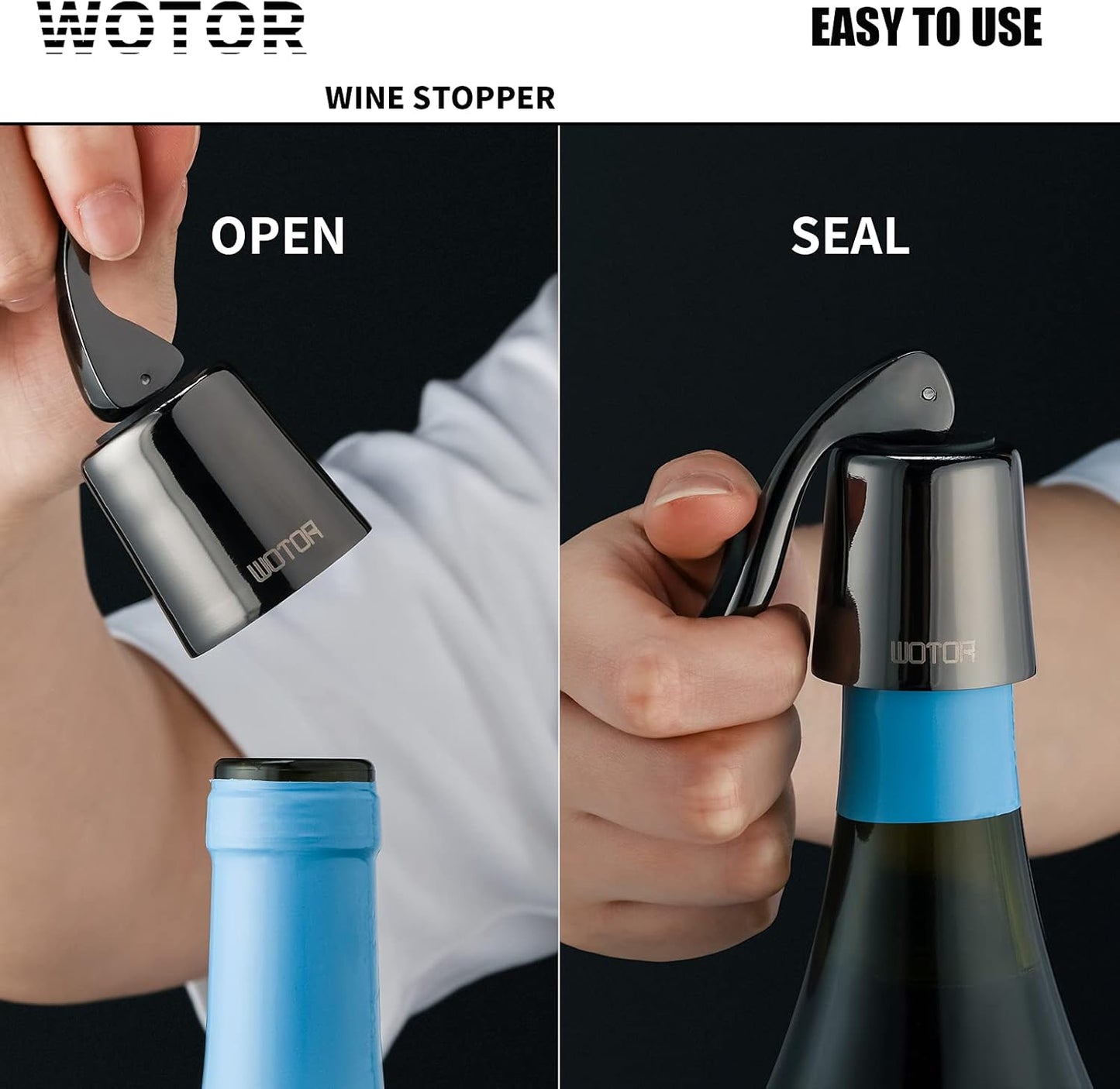 WOTOR Stainless Steel Wine Bottle Stoppers with Silicone - Reusable Wine Saver and Decorative Bottle Sealer, Leakproof, Keep Fresh, Metalblack, 2 Pack