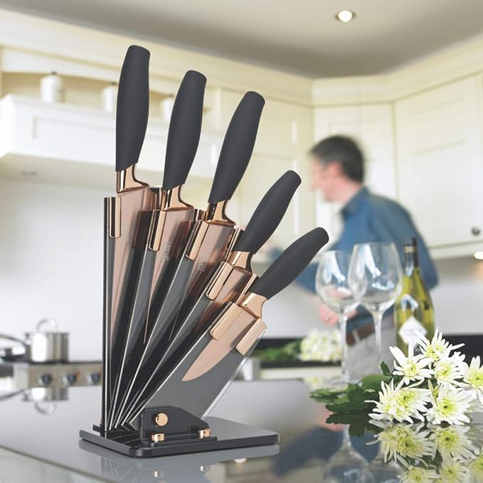5pc Kitchen Knife Set & Block - Brooklyn by Taylors Eye Witness. Rose Gold Coloured Bolsters, Finely Ground Razor Sharp Titanium Coated Matching Blades. Soft Grip Handles. Modern Fan Shaped Holder.