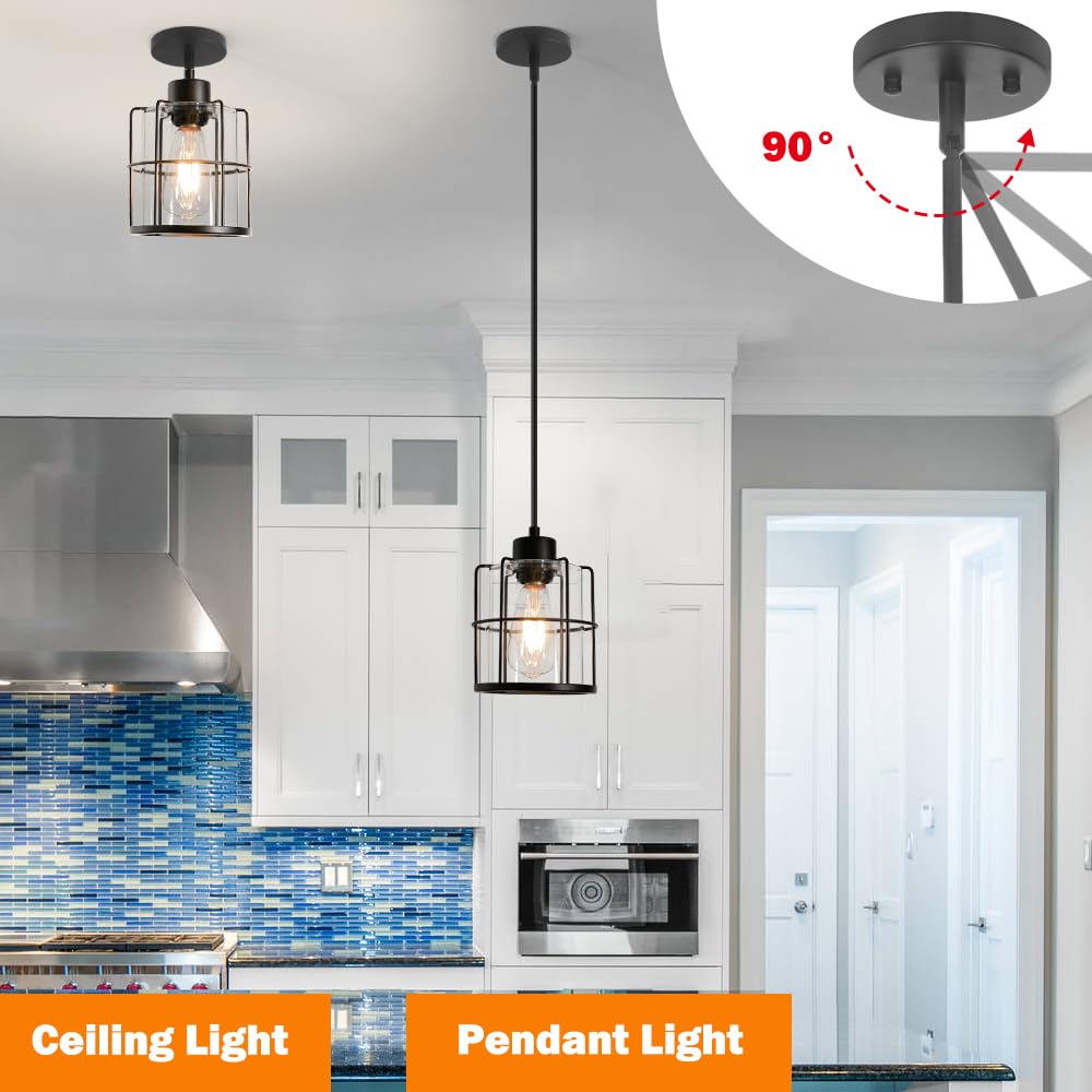 Farmhouse Pendant Lights Kitchen Island Set Of 2  Black Kitchen Island Lighting With Adjustable Rods  Industrial Cage Bathroom Pendant Lights With Clear Glass For Dining Room Hallway Sink