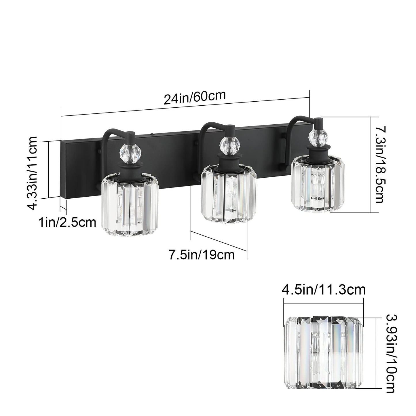 Ralbay 3 Light Bathroom Vanity Lights - Matte Black Crystal Fixtures, 24 Inch, Model 8605, Modern Over Mirror Design