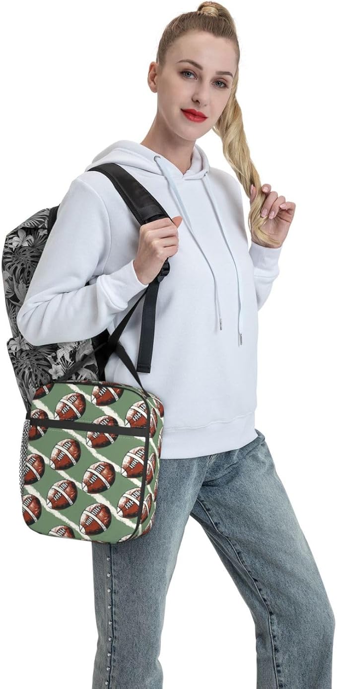 Football Lunch Box for Players,Adults,Men,Sport Ball and Green Background Insulated Lunchbox,Leakproof Tote Bag,Reusable Cooler Bags for Work,Picnic,Office,Travel,Athletic Lunchbag Gifts
