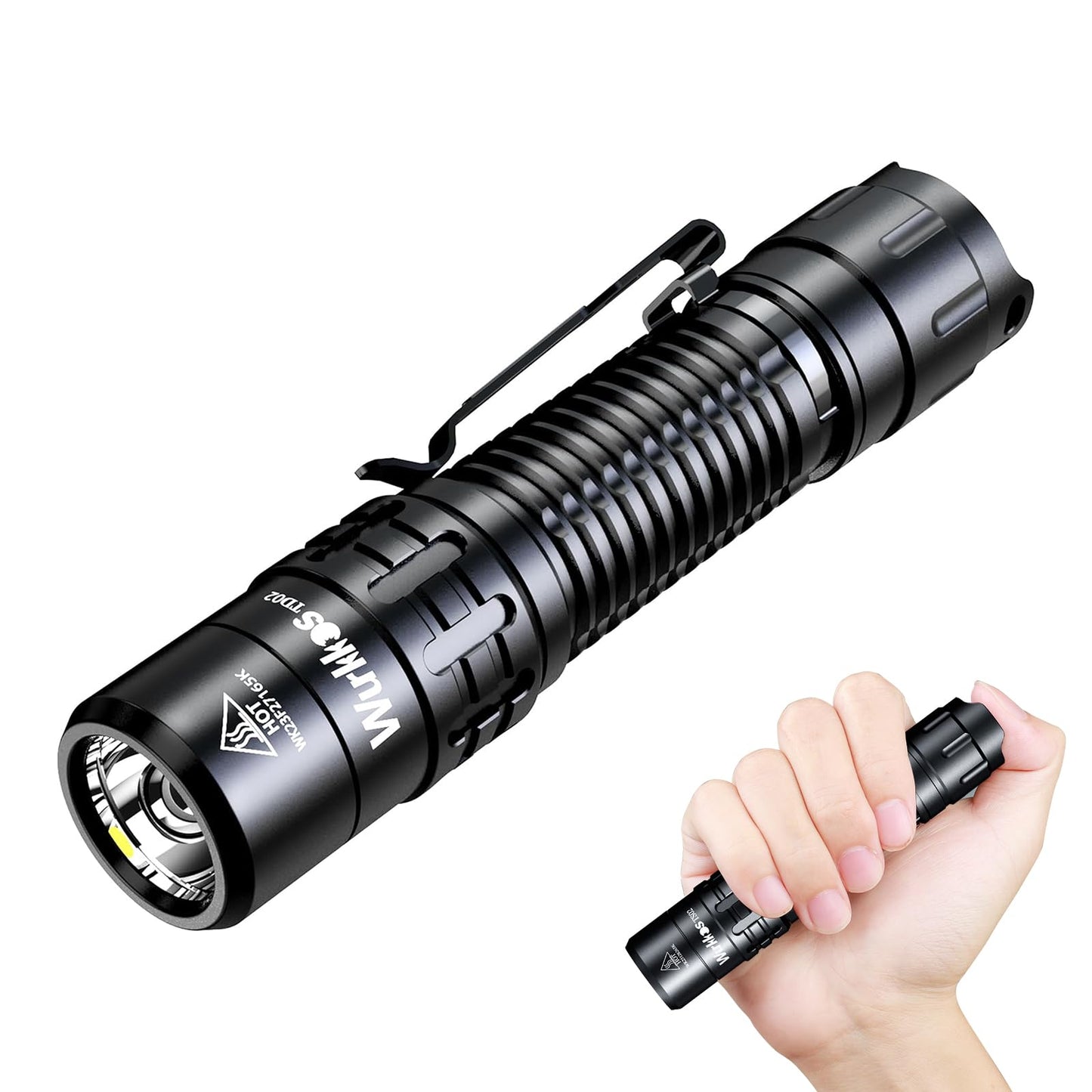 Wurkkos TD02 Tactical Flashlight, 2000 Lumens, Rechargeable, Aluminum, Black, EDC, Type C Charging, Model TD02-Black
