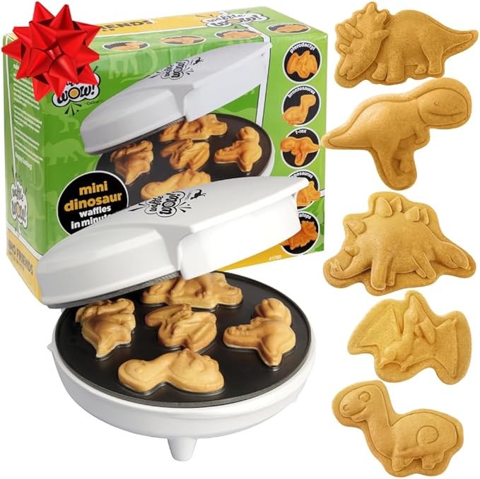 Dinosaur Mini Waffle Maker- 5 Different Double Sided 3D Shaped Dinos in Minutes- Breakfast Fun for Kids Adults w Cool Novelty Pancakes, Electric Baker, NonStick Waffler Iron w Recipe Guide, Xmas Gift