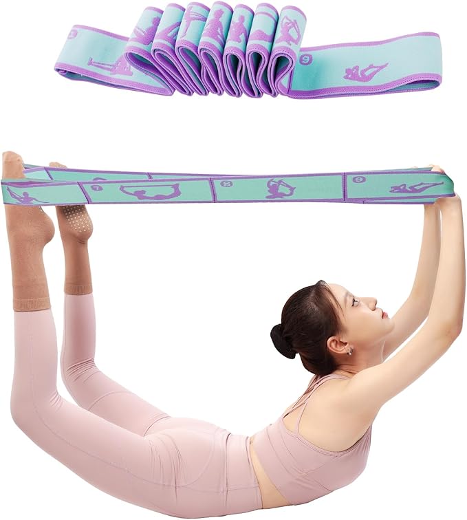 Elastic Yoga Stretching Strap with 9 Loops Pattern Guide, Stretch Straps for Pilates, Dance, Gymnastics Physical Therapy, ...