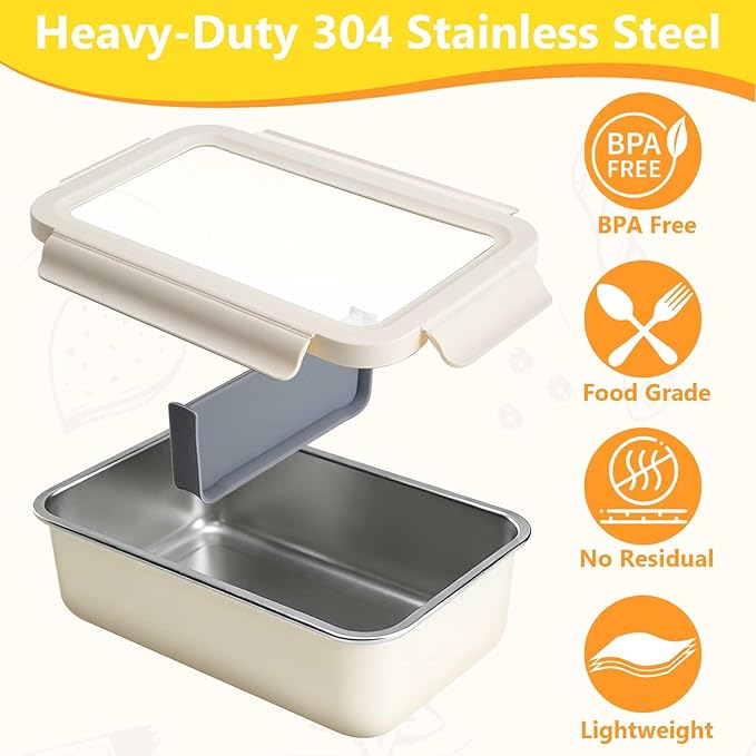 YINGRACE Stainless Steel Lunch Box Container for Adult, 42oz/1250ml Leak Proof Bento Box, Microwave-Safe with Removable Divider, Clear Airtight Lid Lunchbox for Work, Hike, Travel, Beige